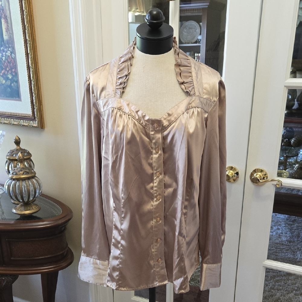 Cato Soft Gold Faux Satin Blouse Ruffle Neck Button Front Long Sleeve 18/20W NEW